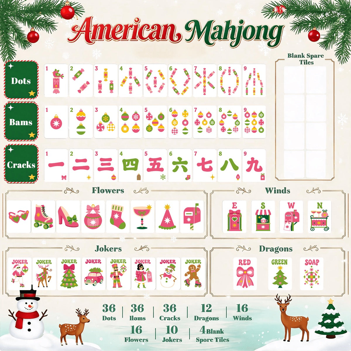 Preppy Pink Christmas Mahjong Tiles -Abstract back options