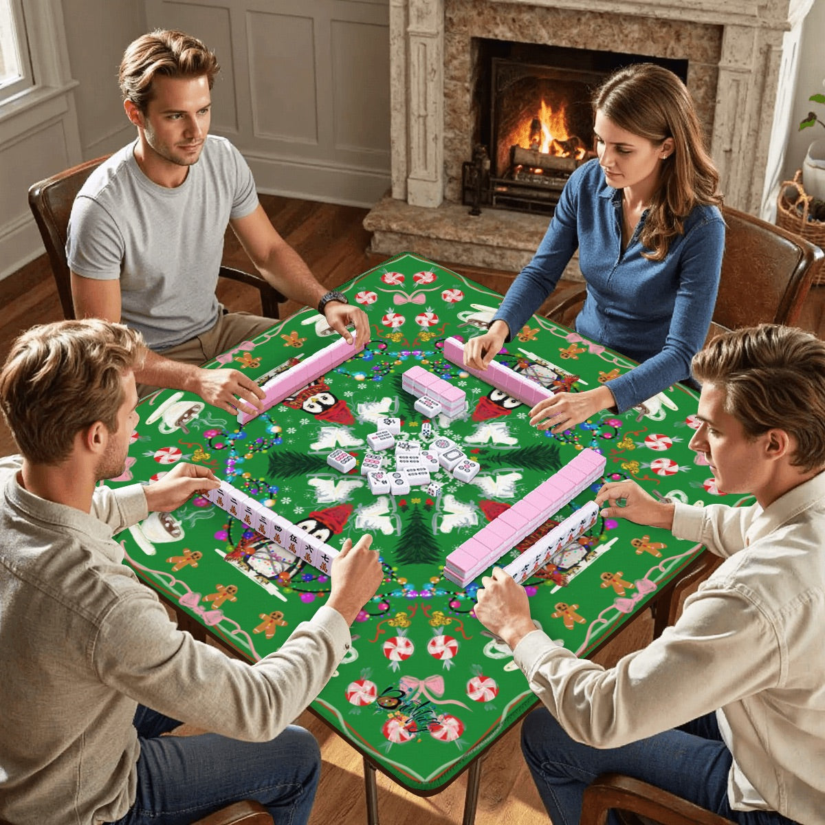 2026 Green Penguin Winter Mahjong Mat 31.5"x31.5" (Ship Rolled up)