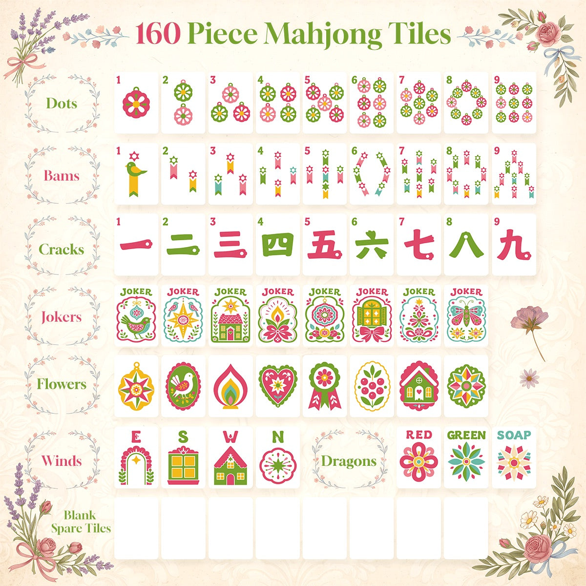 Scandi Folk Art Christmas Mahjong Tiles Pink Neon pagodas and birds