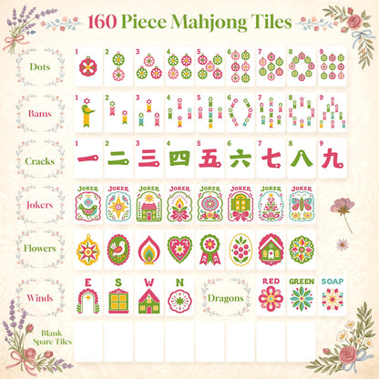Scandi Folk Art Christmas Mahjong Tiles Pink Neon pagodas and birds