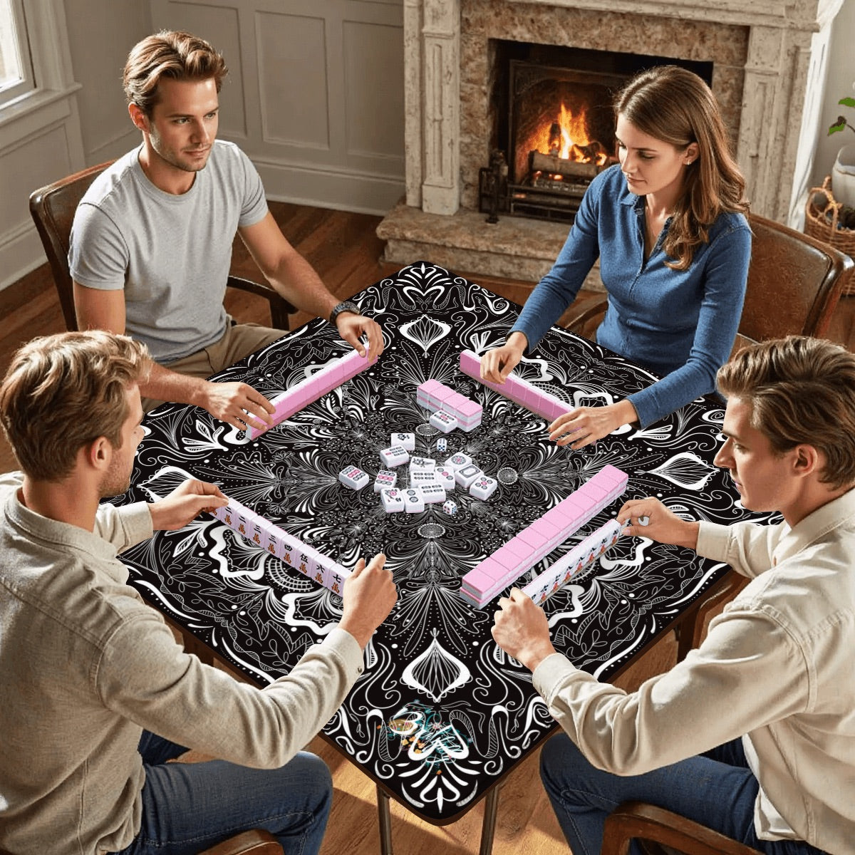 White on Black-Mahjong Mat 31.5"x31.5" (Ship Rolled up)