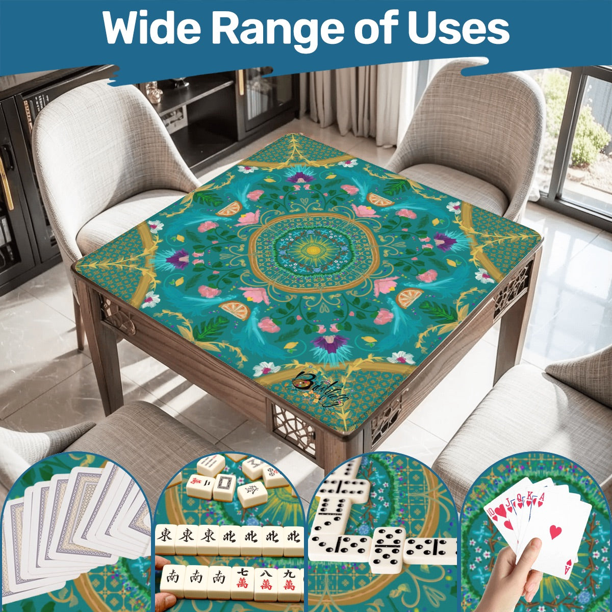 2026 Summer design on Teal-Mahjong Mat 31.5"x31.5" (Ship Rolled up)