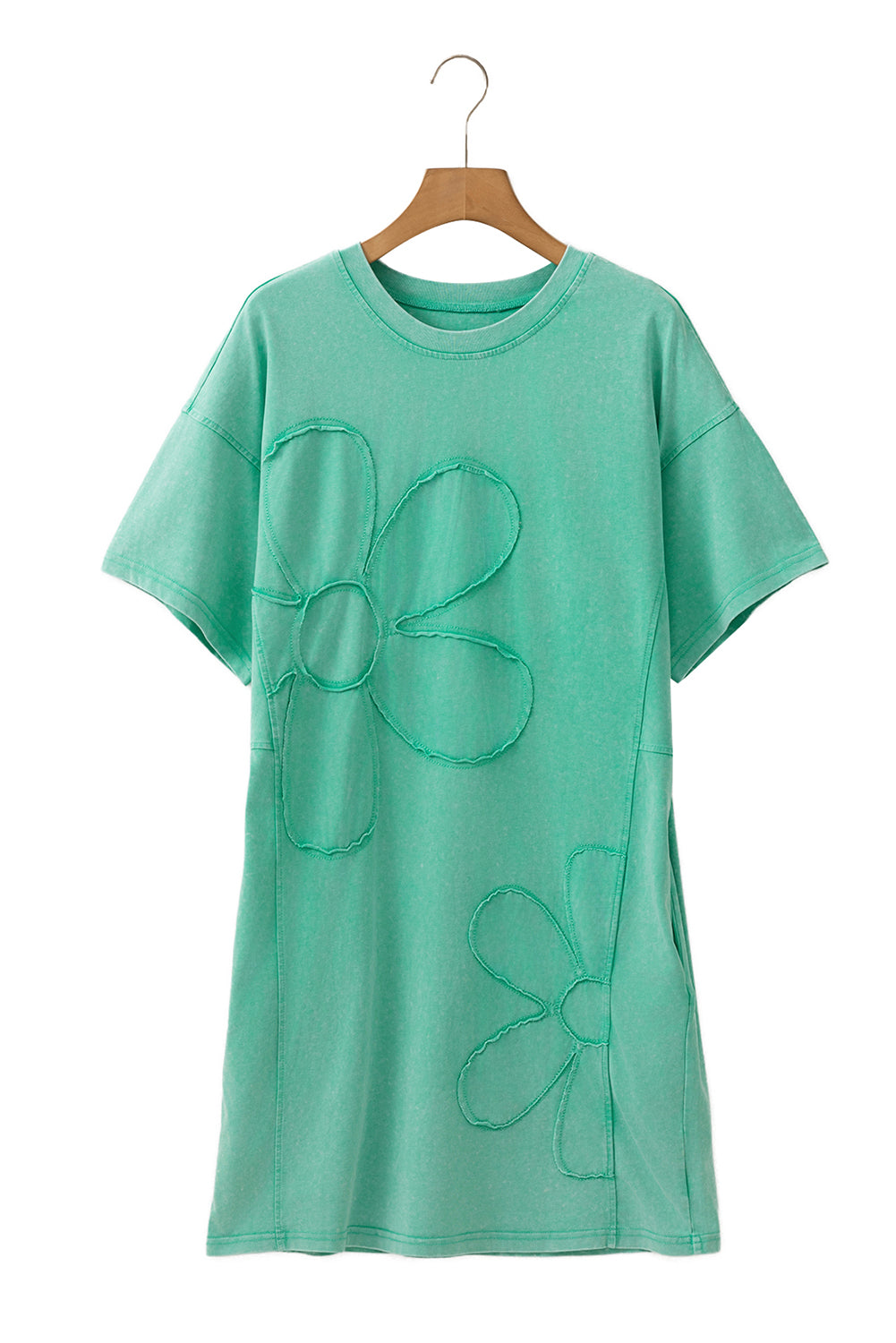Sky Blue Mineral Wash Flower Patchwork Mini T Shirt Dress