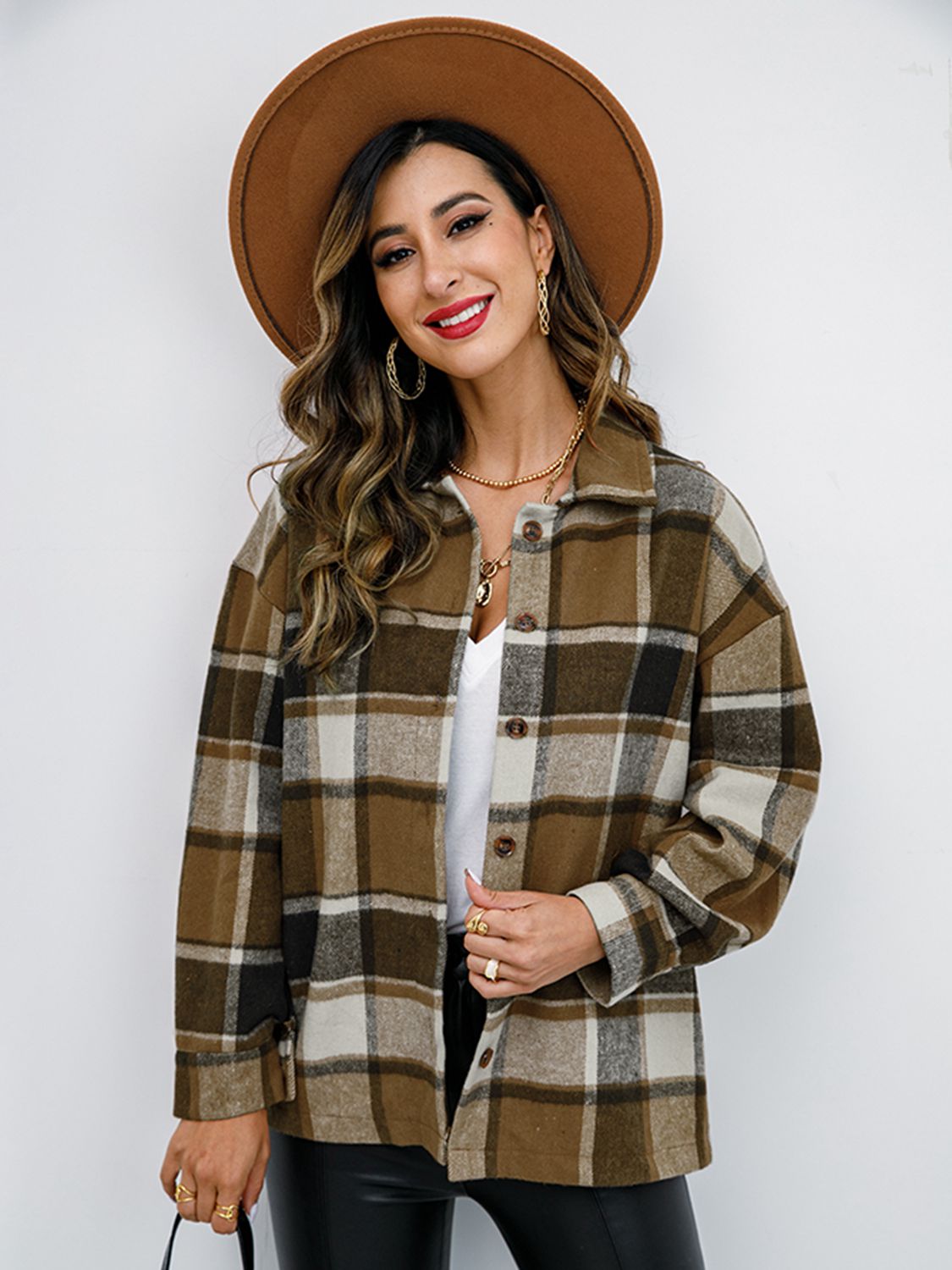 Shiny Plaid Button Up Collared Neck Jacket