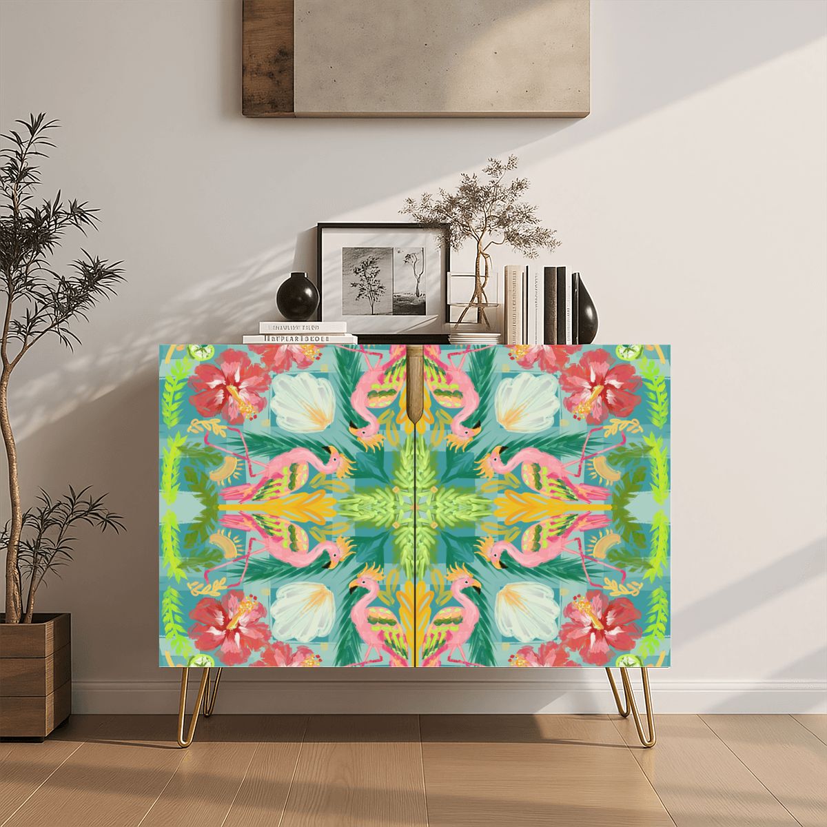 Wooden Storage Cabinet (Made in USA) Flamingo summer on green