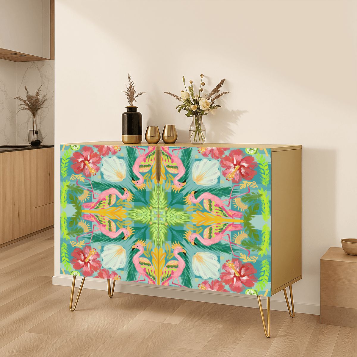 Wooden Storage Cabinet (Made in USA) Flamingo summer on green