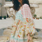Pink Boho Floral and Plaid Patchwork Ricrac Lantern Sleeve Dress