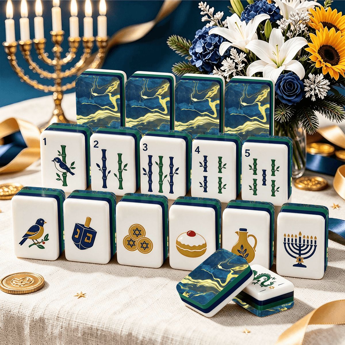 Heritage Hanukkah Mahjong Tiles Geode series  blue gold vein