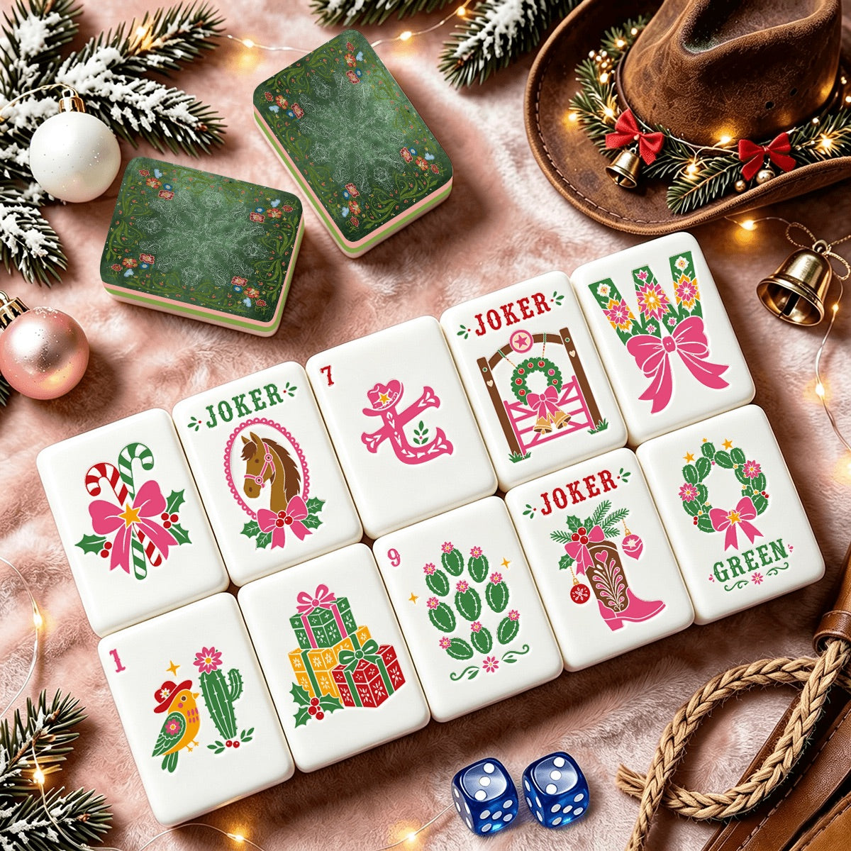 Western Christmas Mahjong Tiles Green Boots