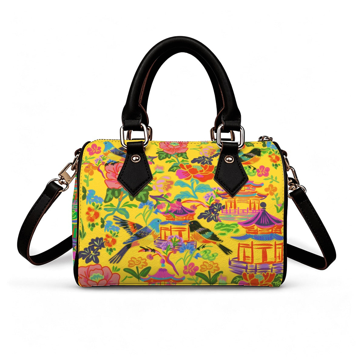 Vegan Leather Barrel Bag Waterproof Crossbody Handbag Bold birds