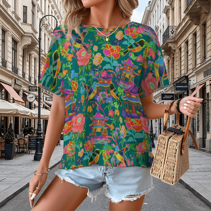 Women's Ruffle Hem Short Sleeve Tshirt Poppin pagodas dark green