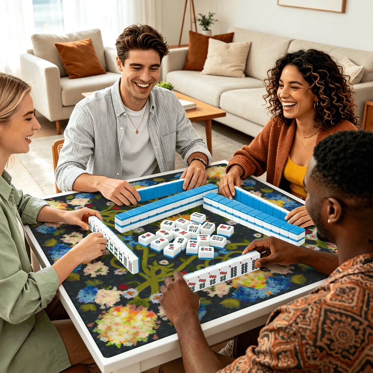 Mahjong Mat Sleek Surface Blue Sunflower
