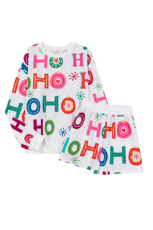 White Ho Ho Ho Letter Graphic Christmas Pajama Set