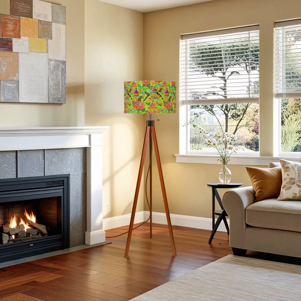 Tripod Floor Lamp (Made in USA)Birds and Pagodas