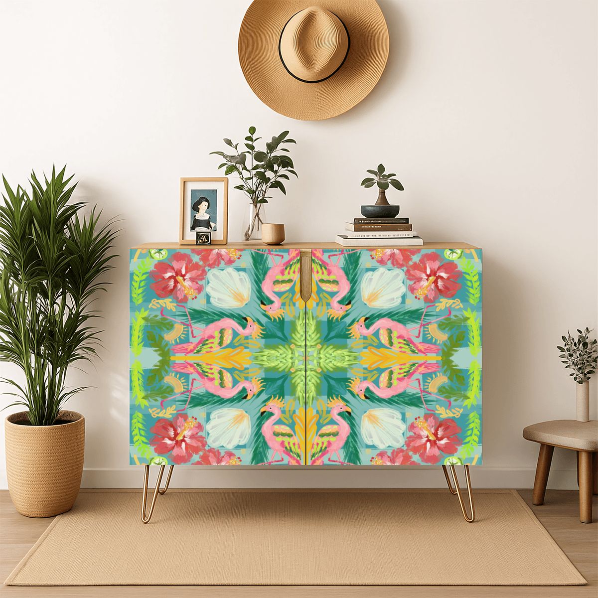 Wooden Storage Cabinet (Made in USA) Flamingo summer on green