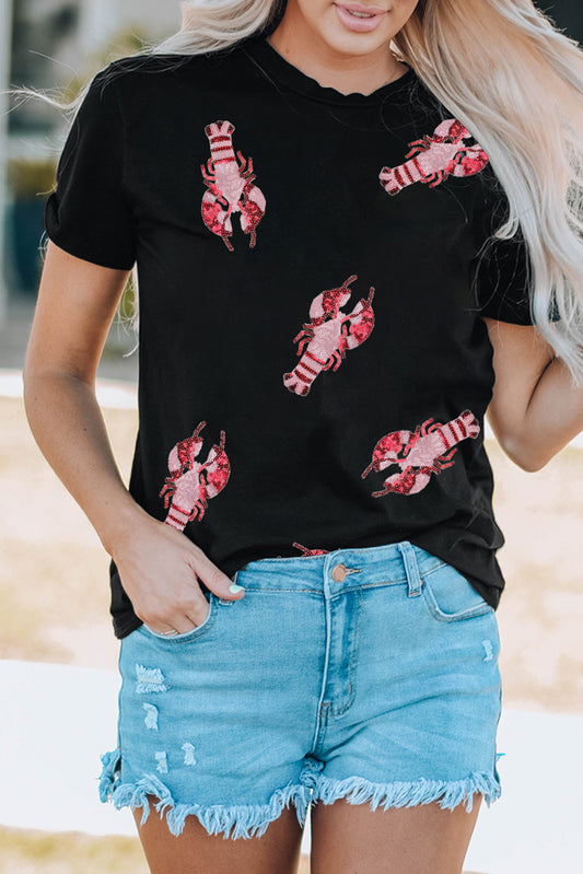 Lobster Print Round Neck Short Sleeve T-Shirt
