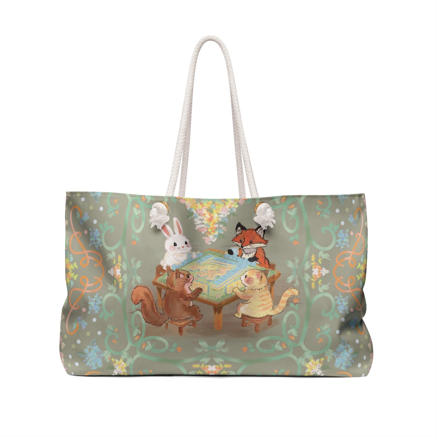 Sage Grey Woodland Game Night Weekender Bag — Cute Rabbit, Fox & Squirrel Mahjong Game Tote