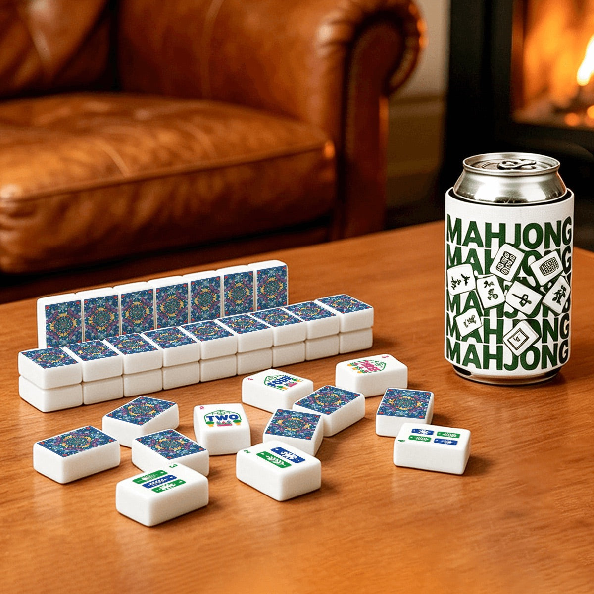Bright blue Mahjong Tiles Set (Floral Garden Style) (Single Layer)
