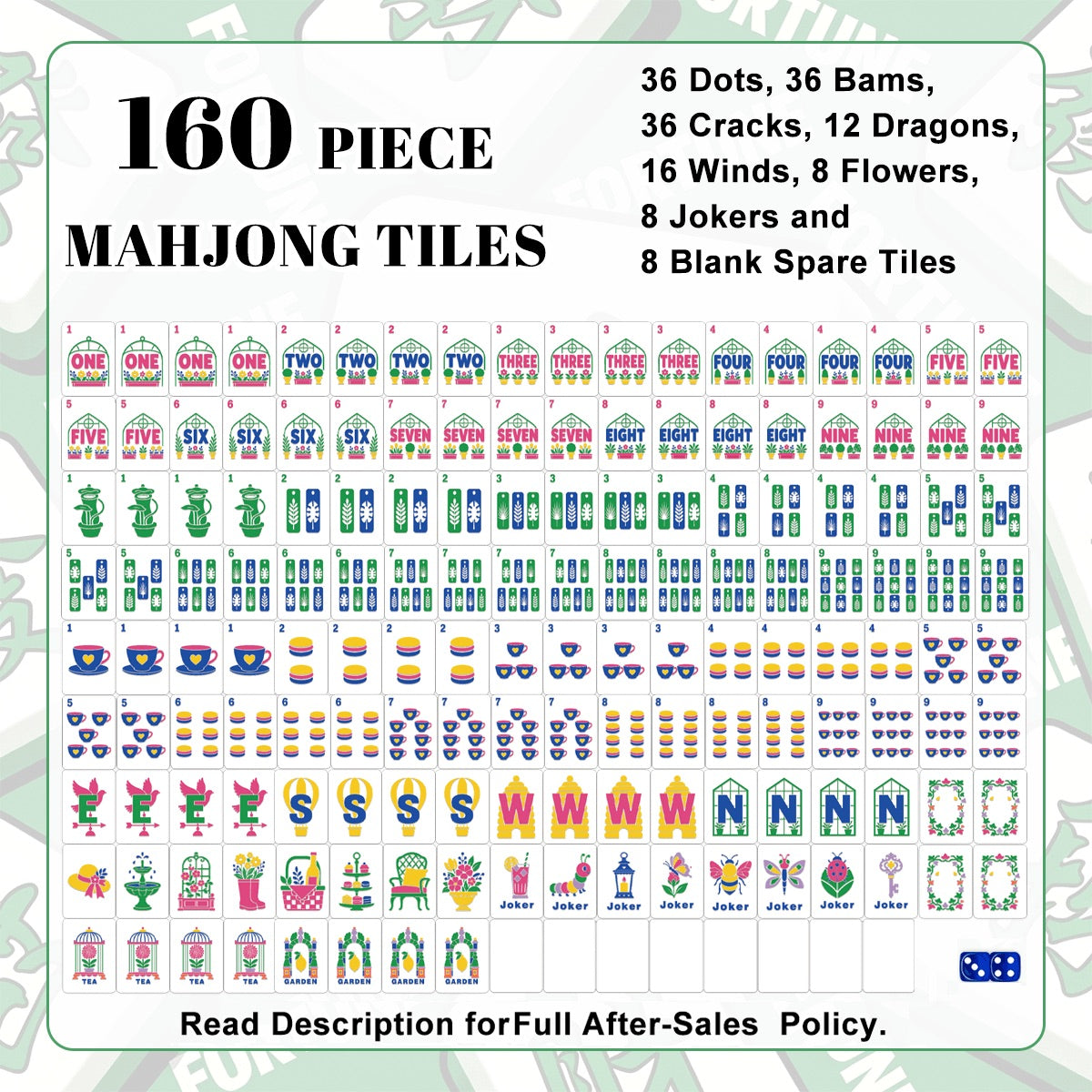 Light blue Mahjong Tiles Set (Floral Garden Style) (Single Layer)