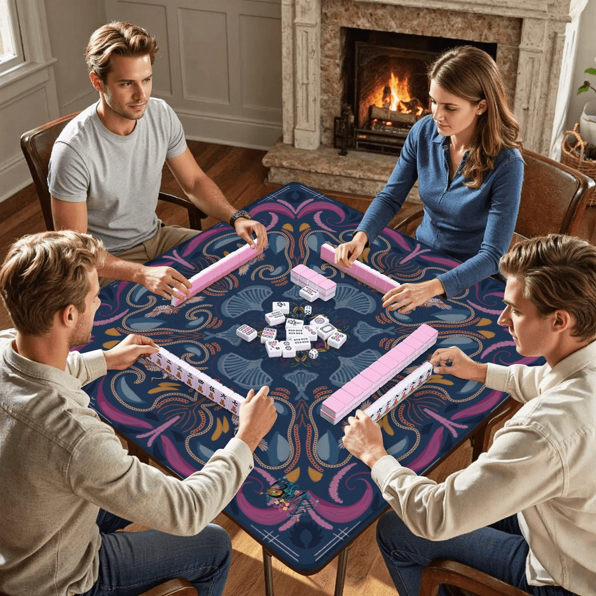 Stitched Herrings on Navy- Mahjong Mat 31.5"x31.5" (Ship Rolled up)