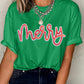 Bright Green merry Letter Sequins Patch Cotton Blend Tee