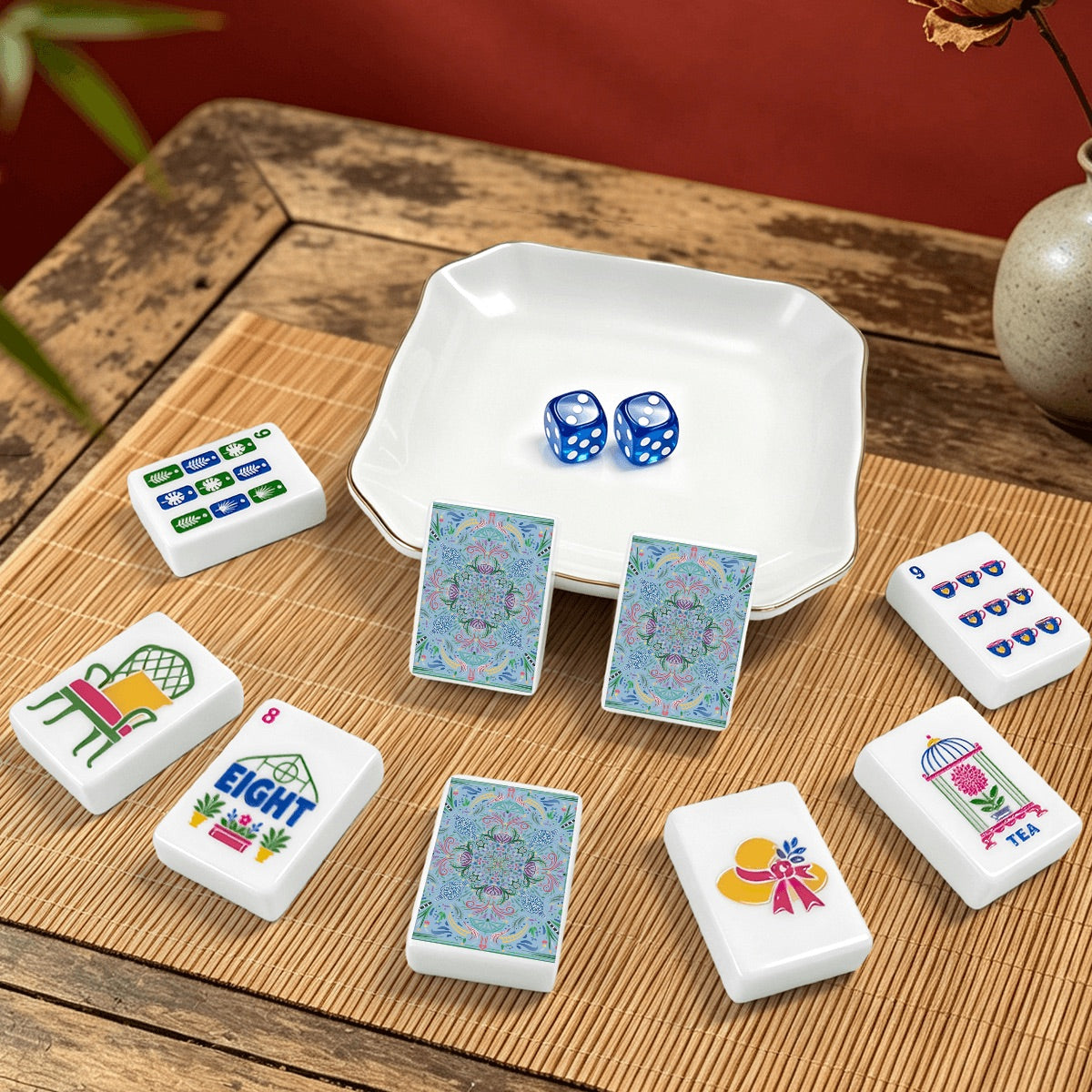 Light blue Mahjong Tiles Set (Floral Garden Style) (Single Layer)
