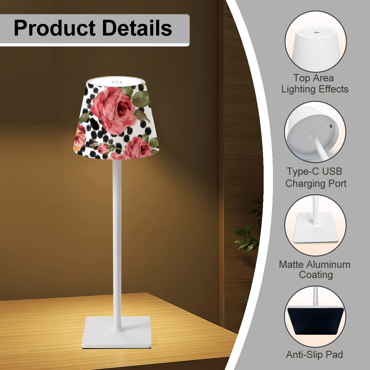 LED Cordless Table Lamp- in Painted roses on black and white