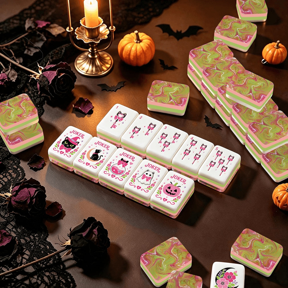 Witch's Familiar Halloween Mahjong Tiles Pink & Green abstract