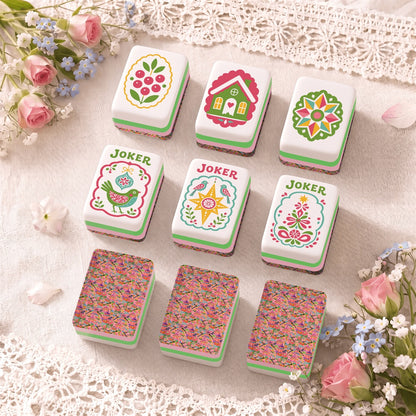 Scandi Folk Art Christmas Mahjong Tiles Pink Neon pagodas and birds