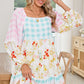 Pink Boho Floral and Plaid Patchwork Ricrac Lantern Sleeve Dress