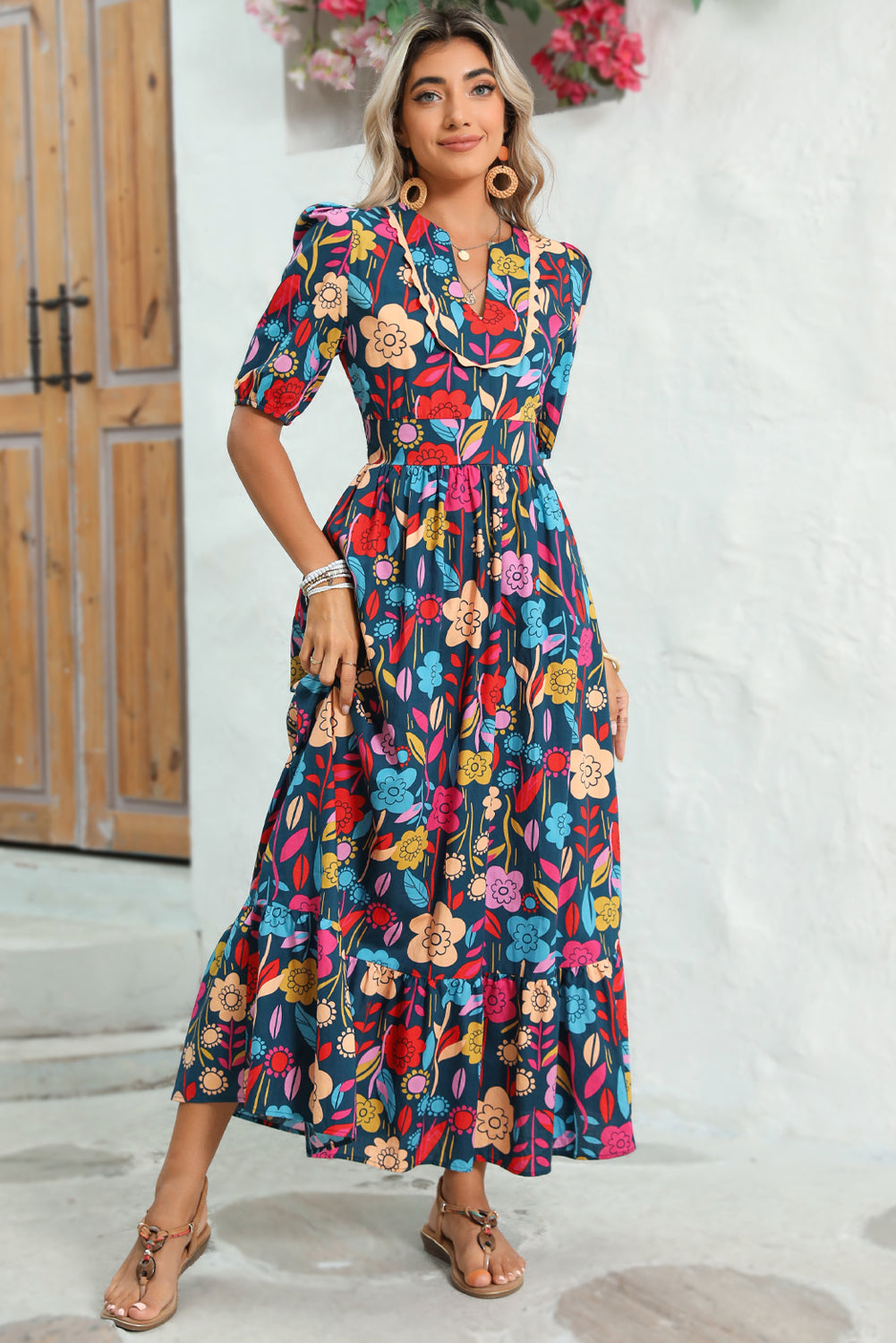 Green Floral Print Split V Neck Puff Sleeve Maxi Dress