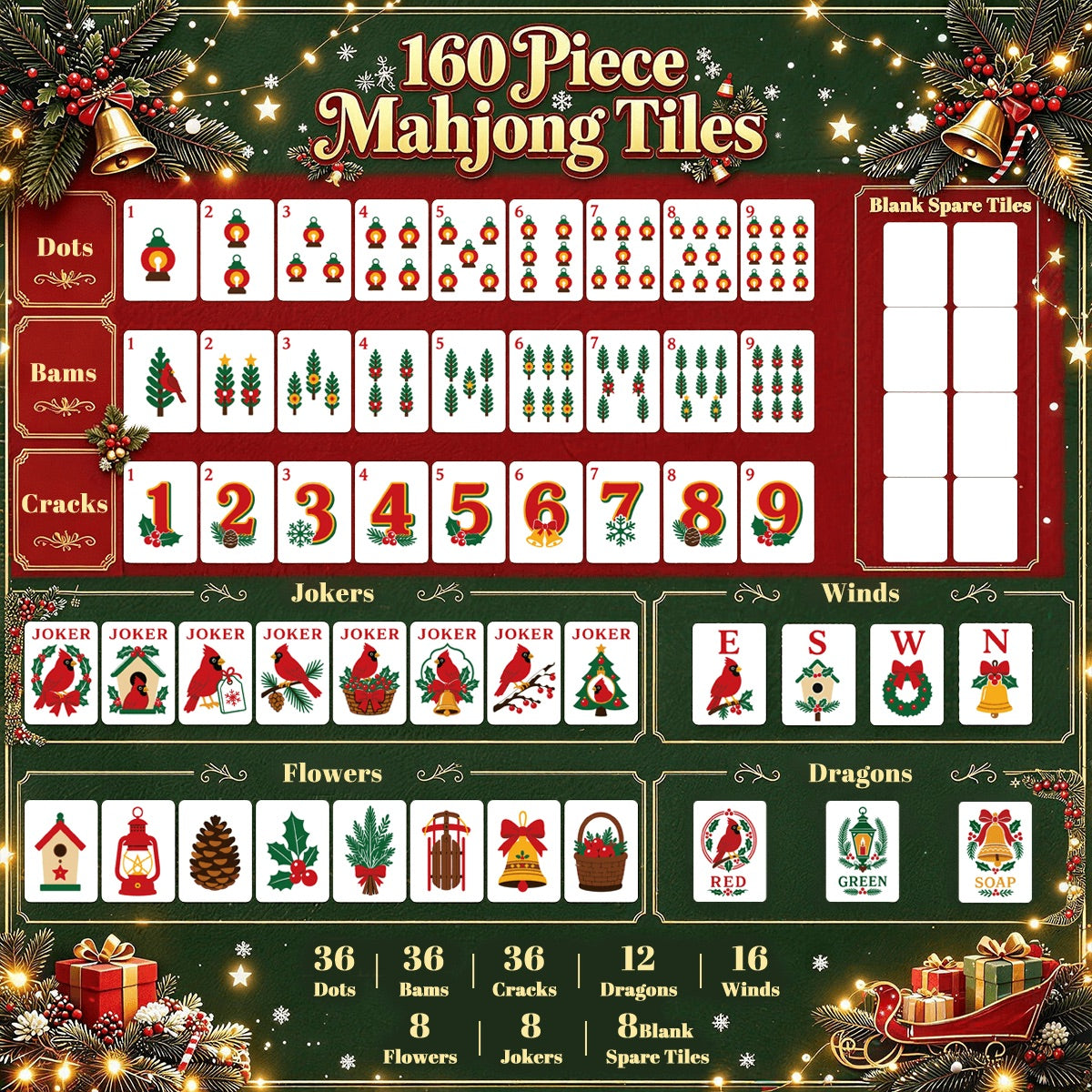 Christmas Cardinal American Mahjong Tiles Traditional Ted and Green