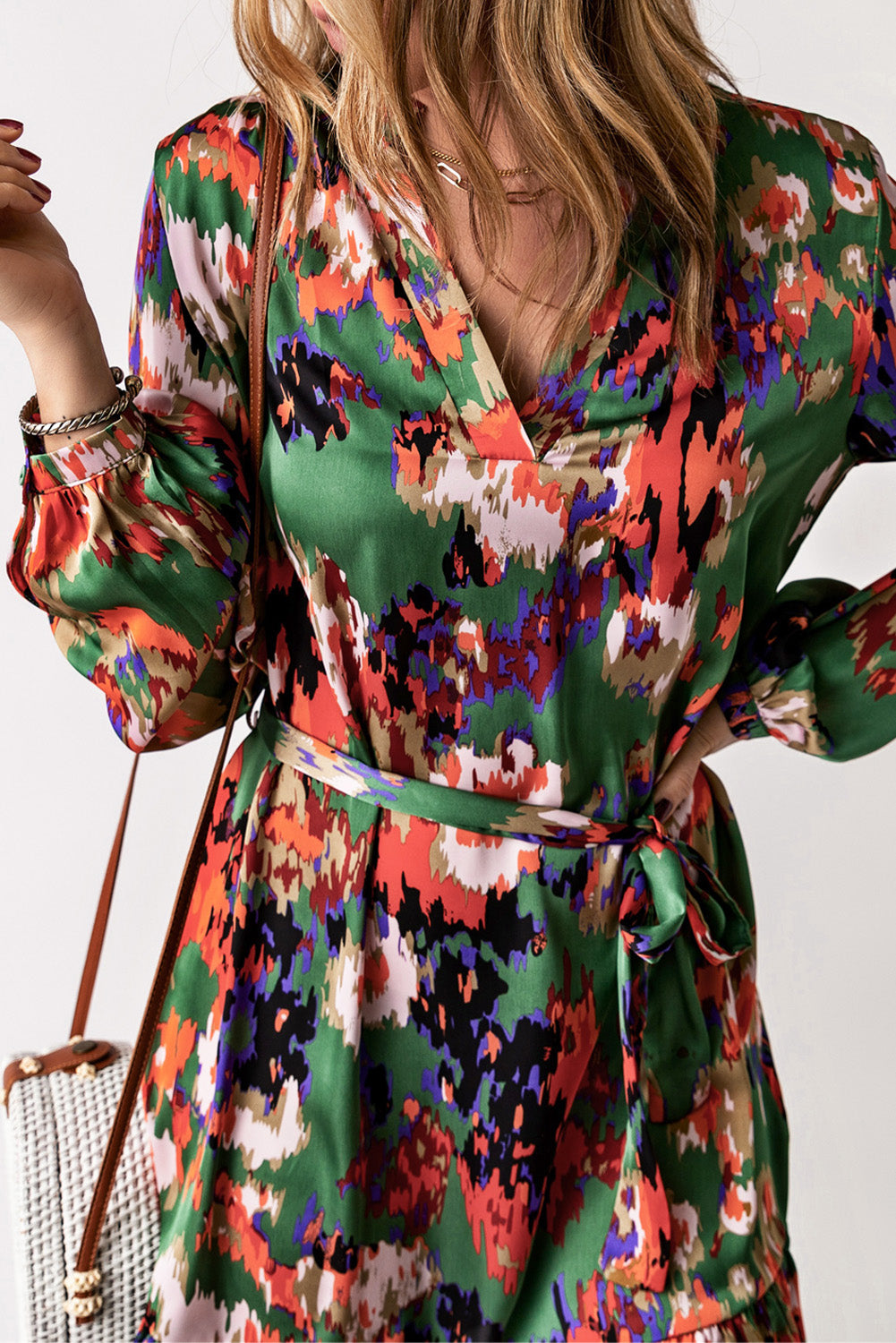 Abstract Print Waist Belted Flounce Hem Split V Neck Long Sleeve Dress