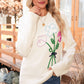 White Floral Embroidered Drop Sleeve Knit Sweater