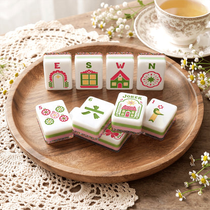 Scandi Folk Art Christmas Mahjong Tiles Pink Neon pagodas and birds