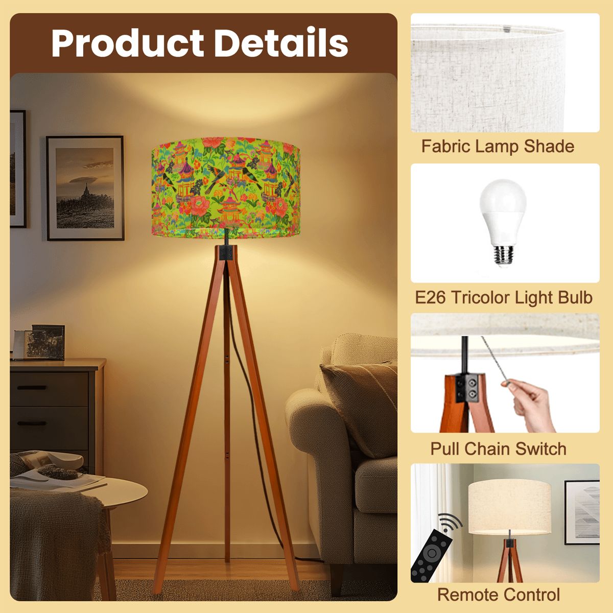 Tripod Floor Lamp (Made in USA)Birds and Pagodas