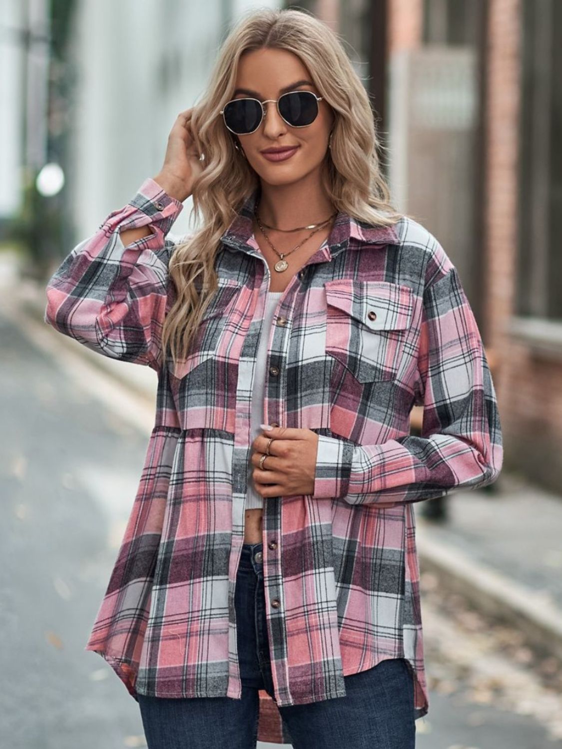 Plaid Button Up Dropped Shoulder Shirt