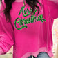 Strawberry Pink Twisted Ribbed Texture Merry Christmas Sequins Patch Top