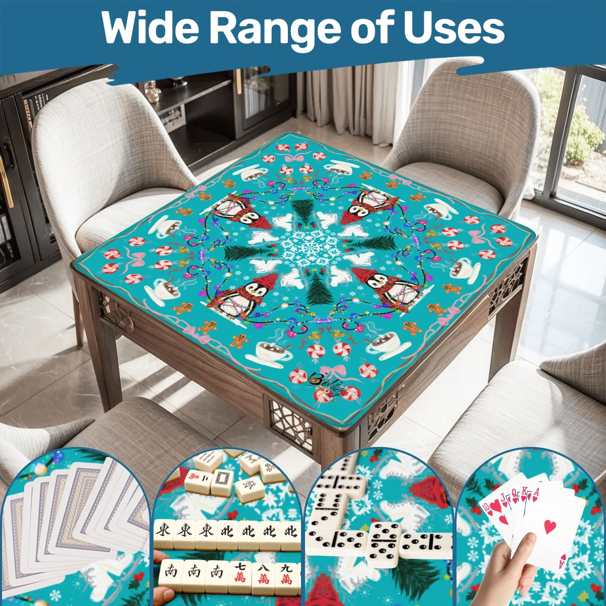 2026 Teal Penguin Winter Mahjong Mat 31.5"x31.5" (Ship Rolled up)