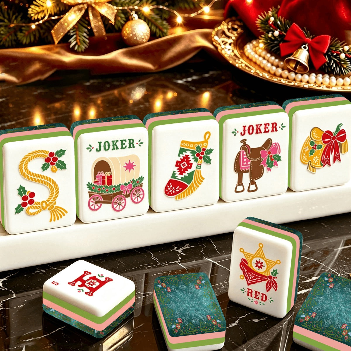 Western Christmas Mahjong Tiles Teal Boots