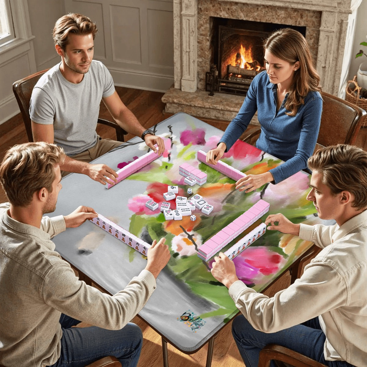 Mahjong Mat 33"x33" (Ship Rolled up) Hand painted tulips