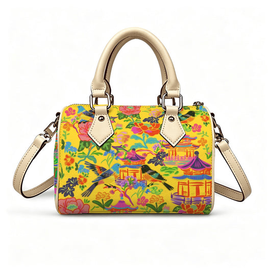 Vegan Leather Barrel Bag Waterproof Crossbody Handbag Bold birds