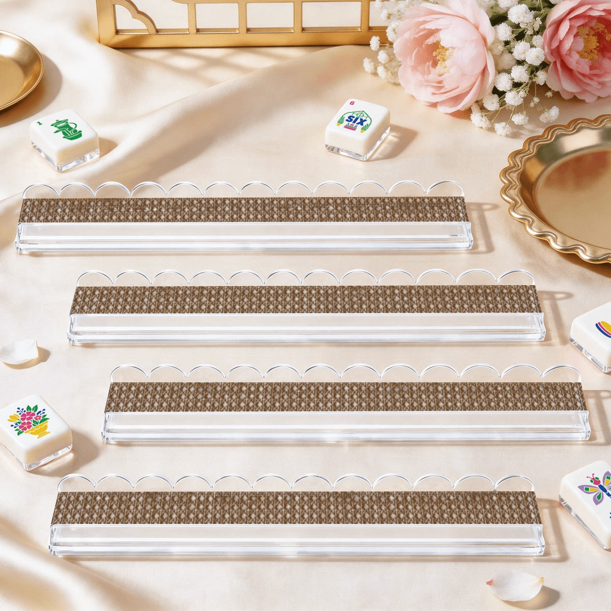 Extended Mahjong Rack Set of 4  Scalloped Magnetic Tile Pusher Brown Rattan