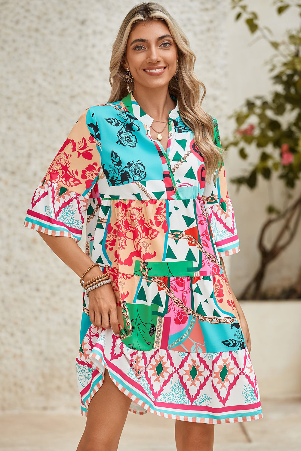 Multicolour Boho Abstract Print Flowy Tiered Dress