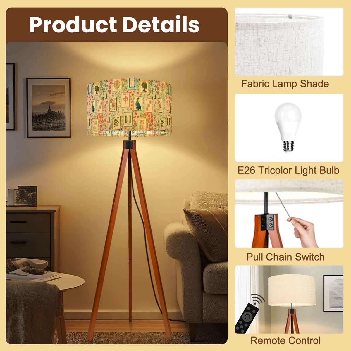 Tripod Floor Lamp (Made in USA) Mahjong Tile