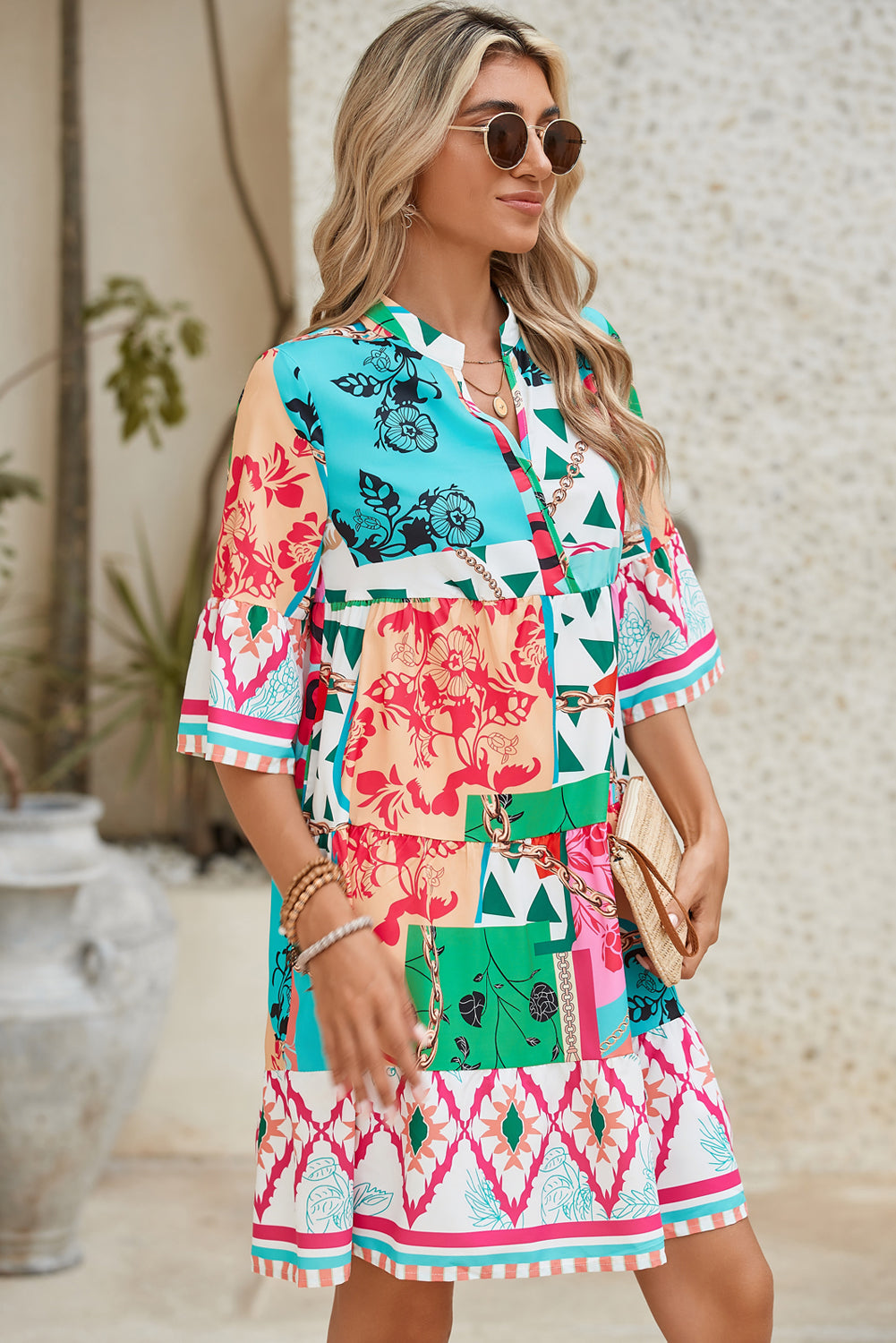 Multicolour Boho Abstract Print Flowy Tiered Dress