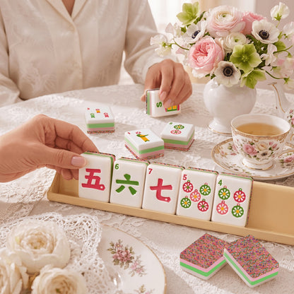 Scandi Folk Art Christmas Mahjong Tiles Pink Neon pagodas and birds