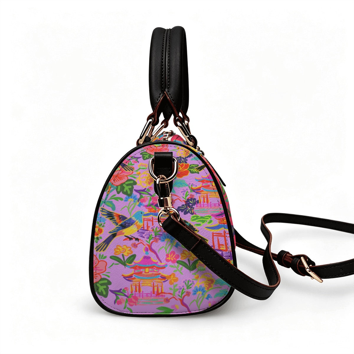Vegan Leather Barrel Bag Waterproof Crossbody Handbag Bold birds
