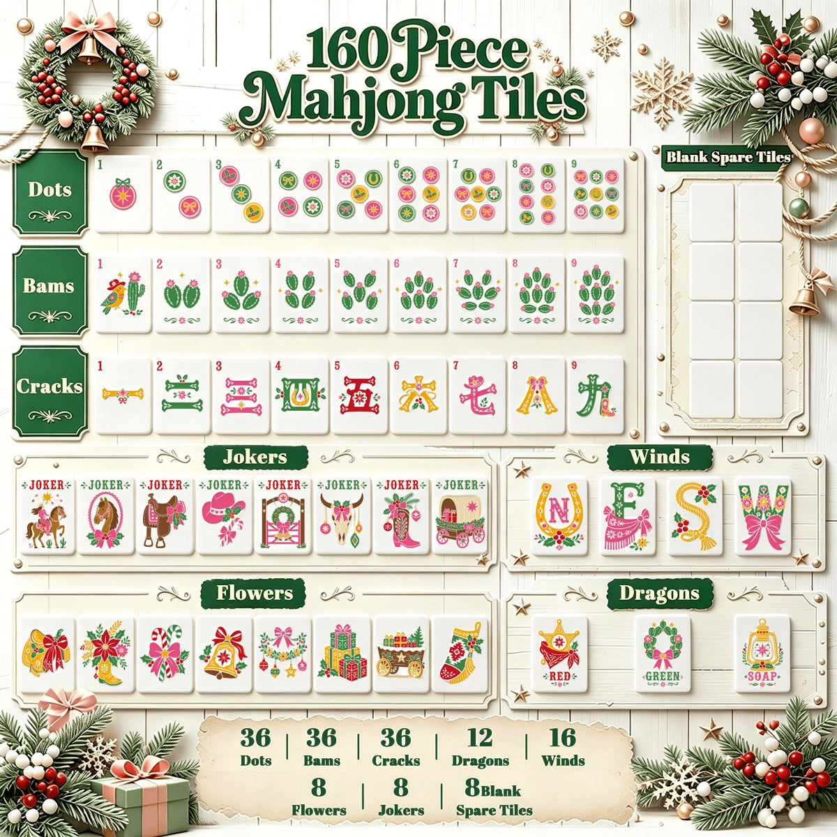 Western Christmas Mahjong Tiles Green Boots