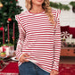 Red Striped Ruffle Shoulder Long Sleeve Top